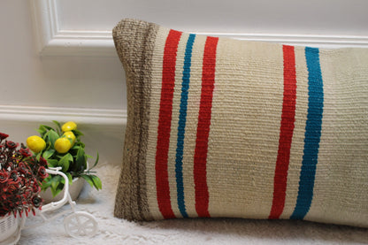 Handmade Kilim Pillow Cover: Beige, Red & Blue Turkish Rug Pillow (12x24 in)