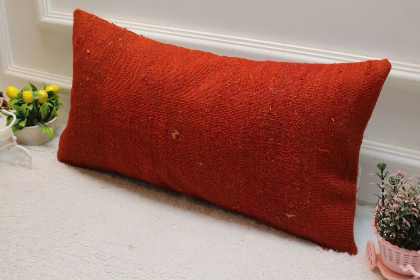 Red Kilim Lumbar Pillow Cover: Handmade Organic Wool, 12x24 inch