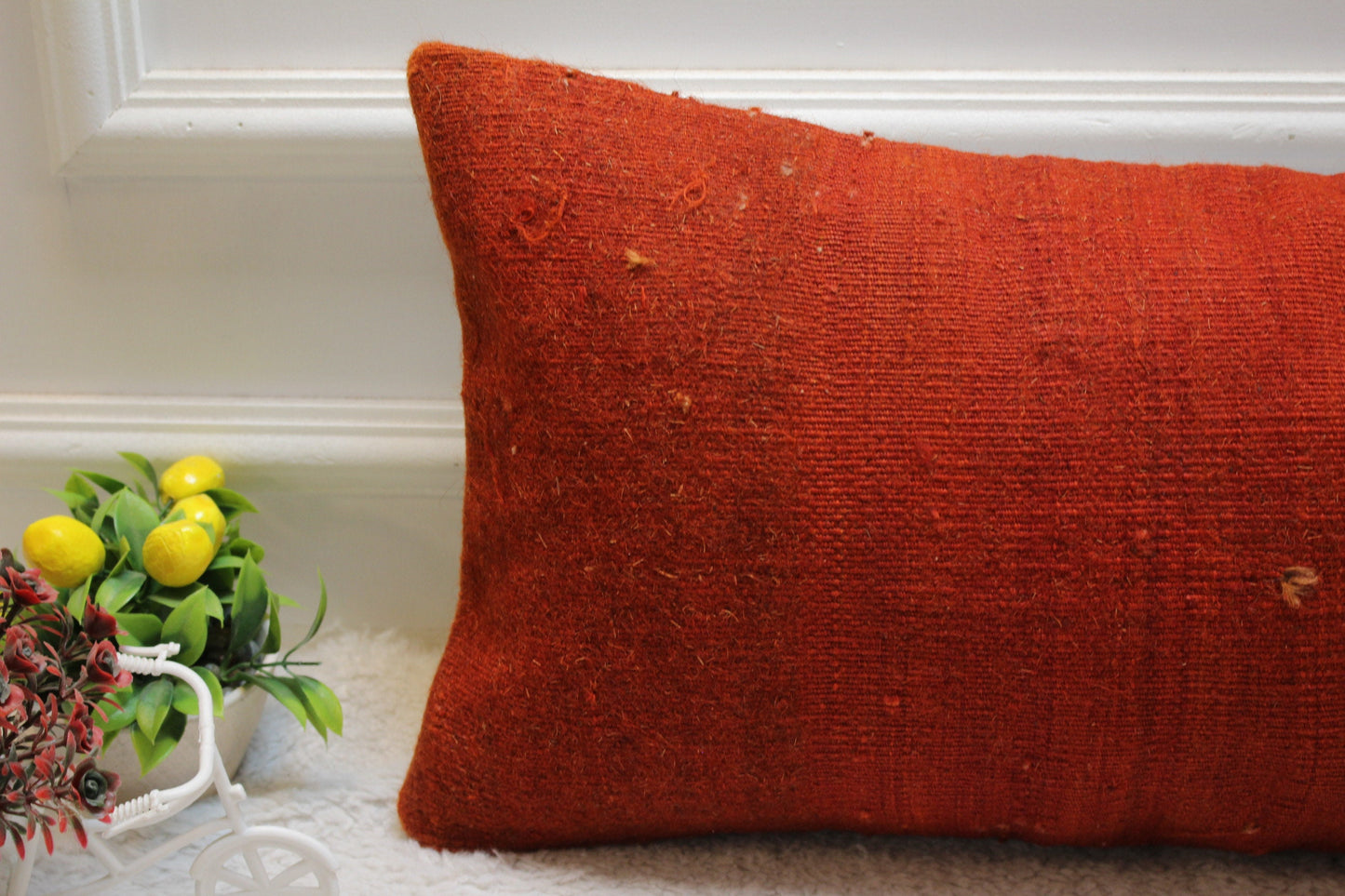 Red Kilim Lumbar Pillow Cover: Handmade Organic Wool, 12x24 inch