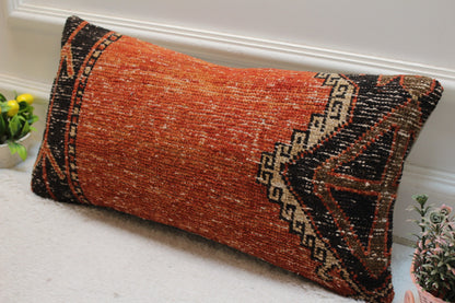 Red & Black Turkish Rug Lumbar Pillow Cover: Vintage Kilim, 12x24 inch