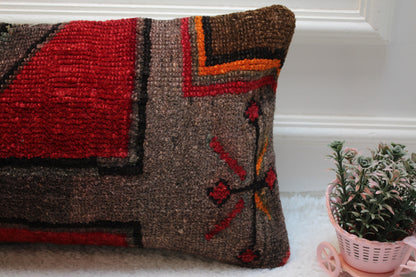 Handmade Wool Lumbar Pillow Cover: Red & Gray Turkish Rug, 12x24 inc
