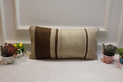 Vintage Turkish Rug Lumbar Pillow Cover: Brown Beige Wool, 12x24 inch