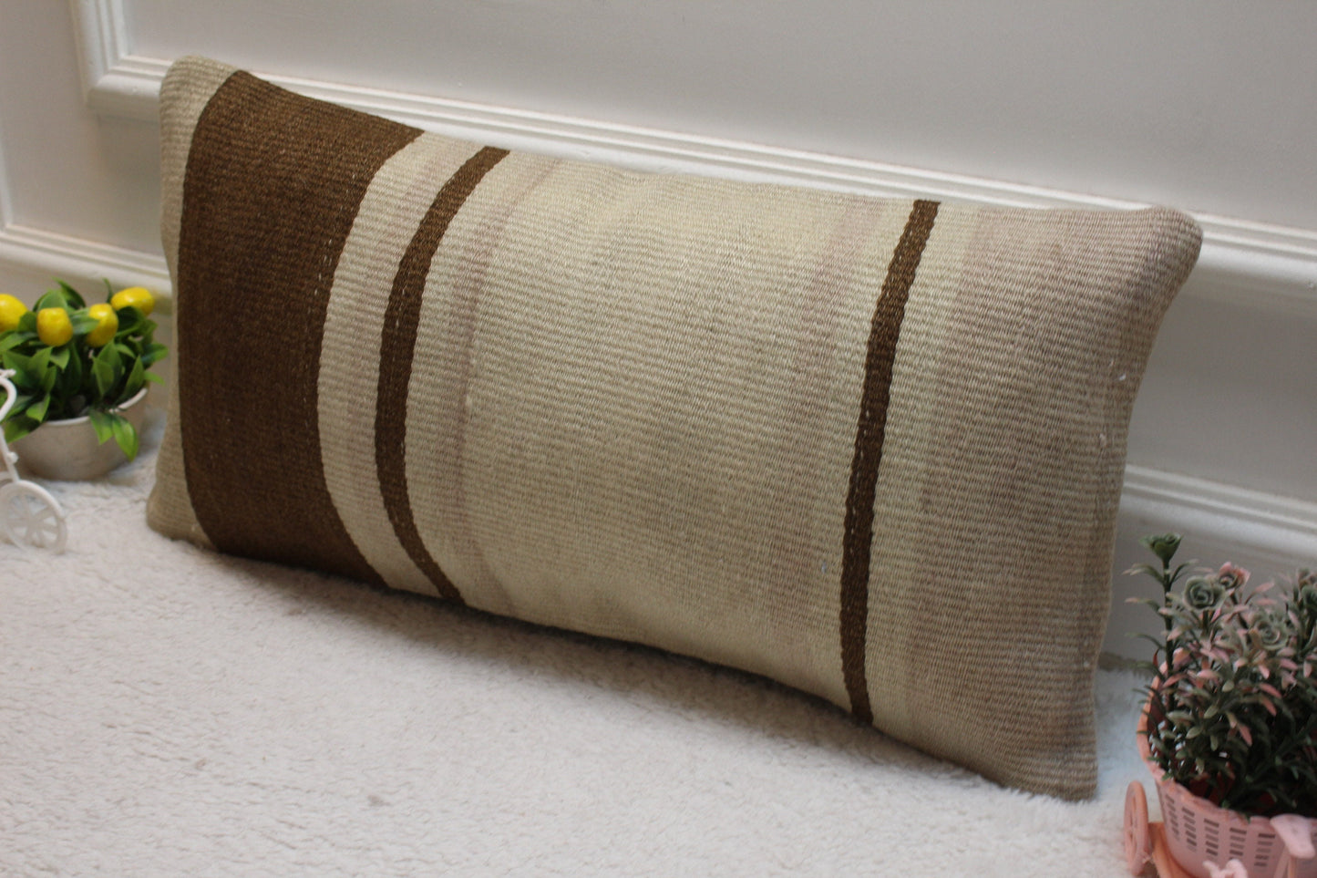 Vintage Turkish Rug Lumbar Pillow Cover: Brown Beige Wool, 12x24 inch