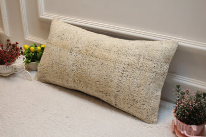 Handmade Beige Kilim Pillow Cover: Vintage Turkish Lumbar Pillow, 12x24 inch