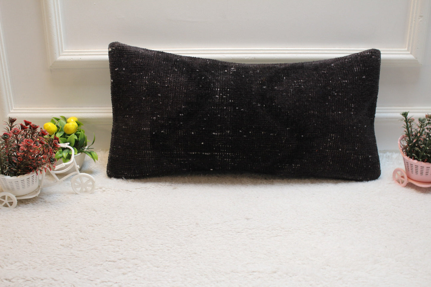 Black Turkish Rug Lumbar Pillow Cover: Handmade Kilim, 12x24 inch