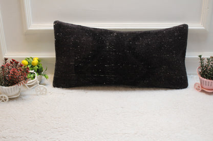 Black Turkish Rug Lumbar Pillow Cover: Handmade Kilim, 12x24 inch