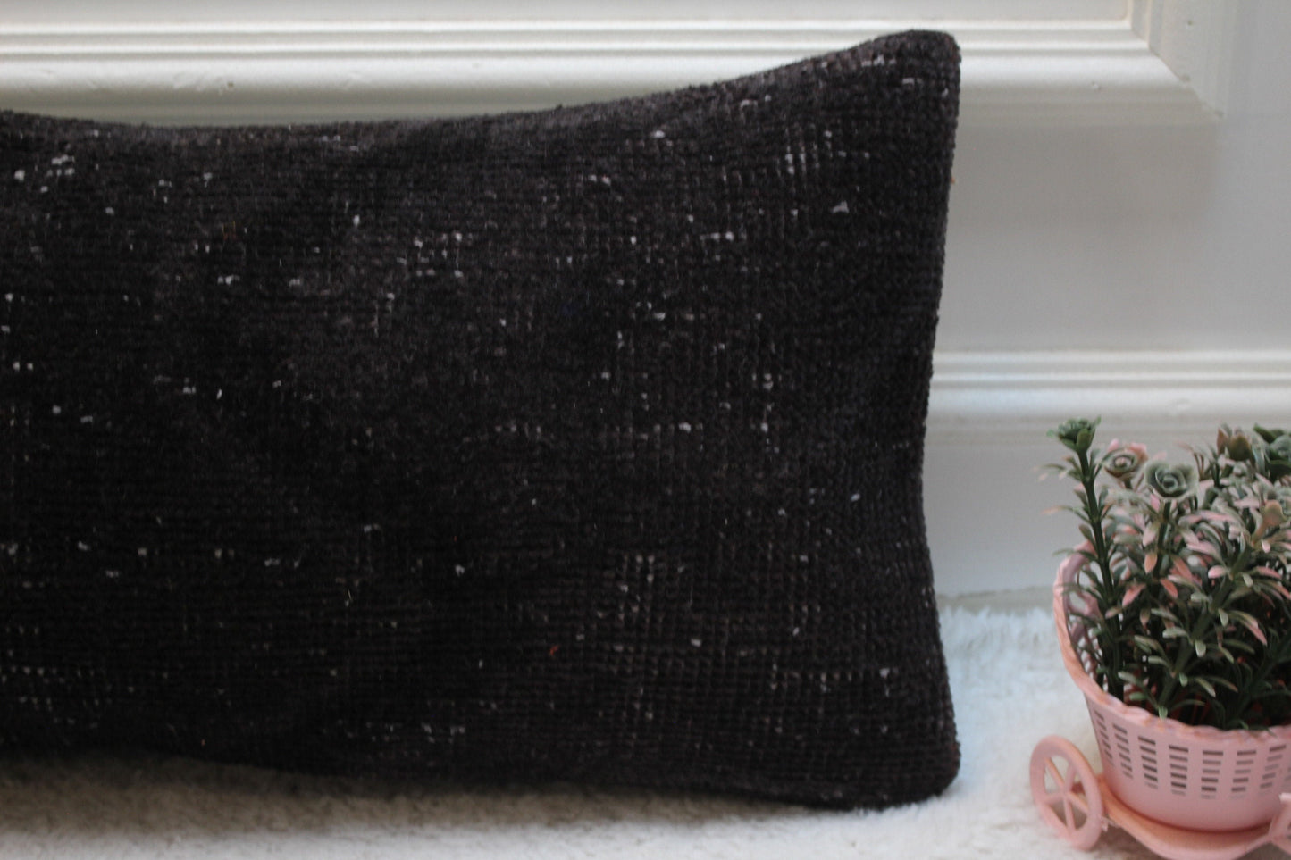 Black Turkish Rug Lumbar Pillow Cover: Handmade Kilim, 12x24 inch