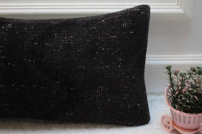 Black Turkish Rug Lumbar Pillow Cover: Handmade Kilim, 12x24 inch