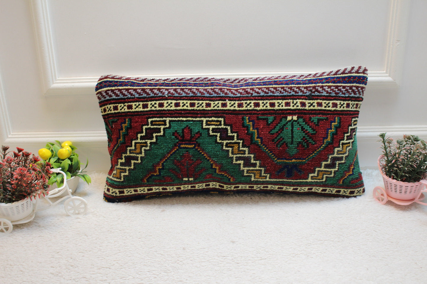 Handmade Turkish Kilim Lumbar Pillow Cover: Upcycled Anatolian Rug, 12x24 inc