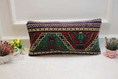 Handmade Turkish Kilim Lumbar Pillow Cover: Upcycled Anatolian Rug, 12x24 inc
