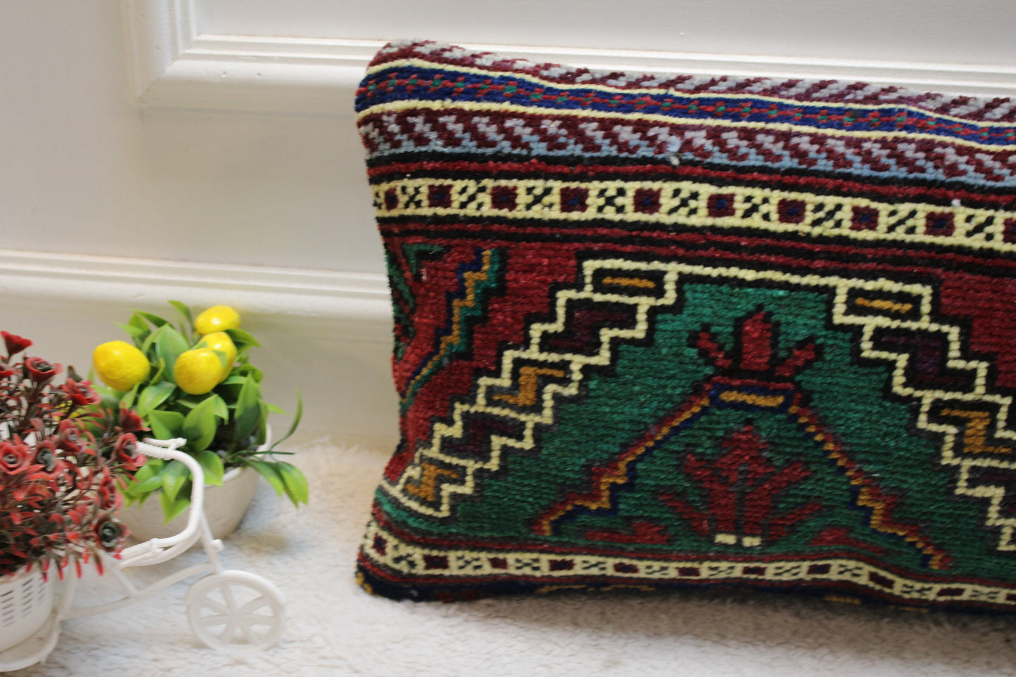 Handmade Turkish Kilim Lumbar Pillow Cover: Upcycled Anatolian Rug, 12x24 inc