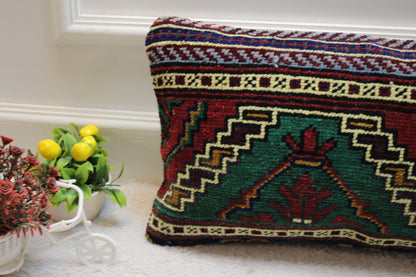 Handmade Turkish Kilim Lumbar Pillow Cover: Upcycled Anatolian Rug, 12x24 inc
