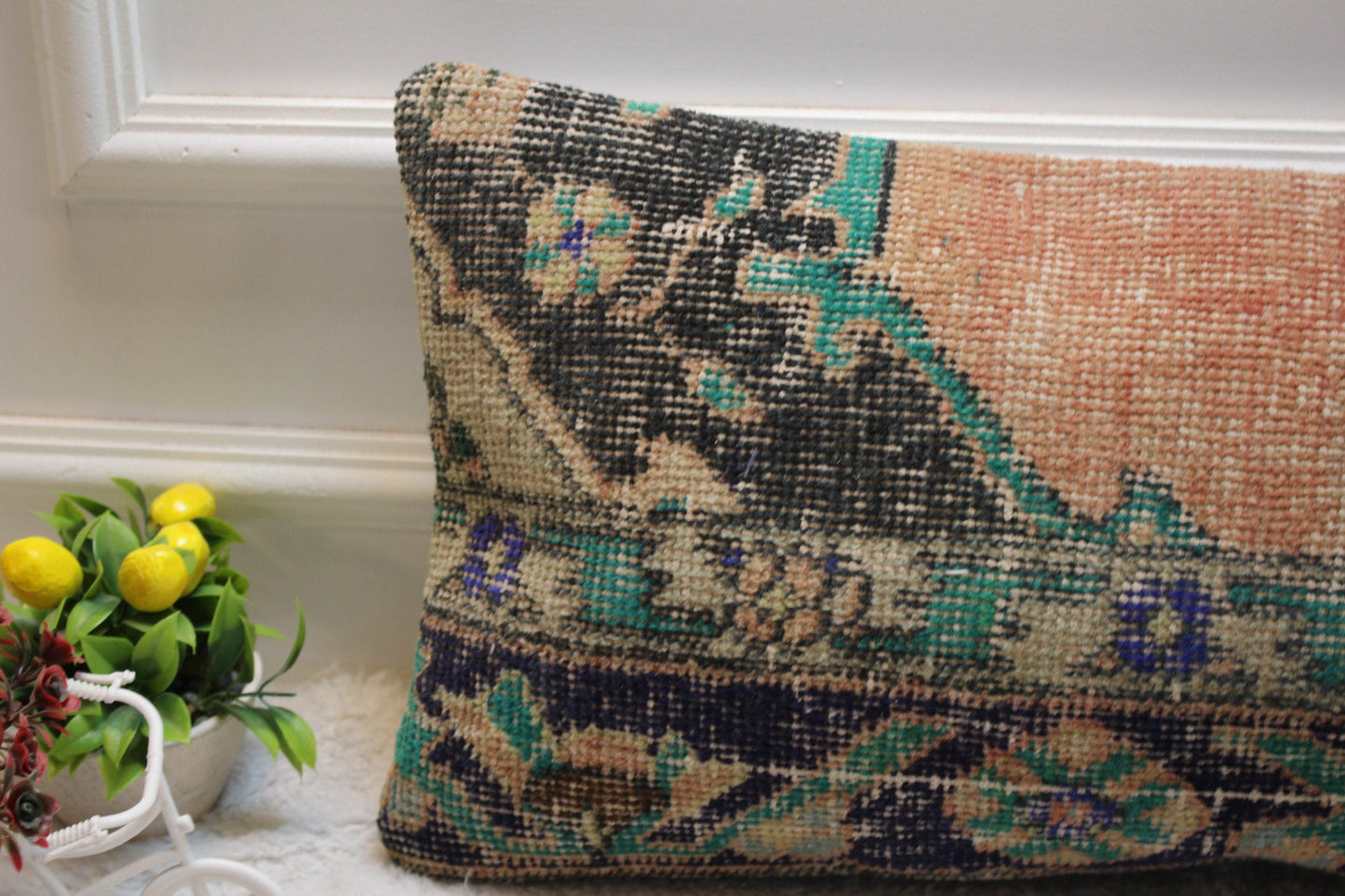Handmade Kilim Lumbar Pillow Cover: Black, Orange, Green Rug Pillow (12x24 inc)