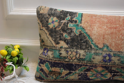 Handmade Kilim Lumbar Pillow Cover: Black, Orange, Green Rug Pillow (12x24 inc)