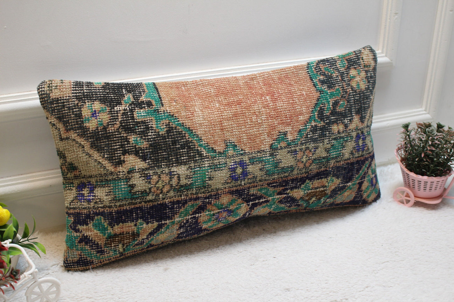 Handmade Kilim Lumbar Pillow Cover: Black, Orange, Green Rug Pillow (12x24 inc)