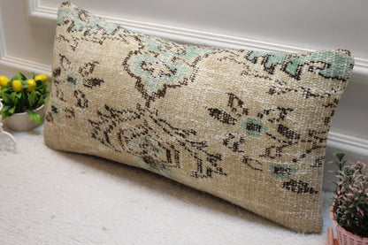 Handmade Organic Wool Lumbar Pillow Cover: Turkish Rug Design (12X24 inc.)