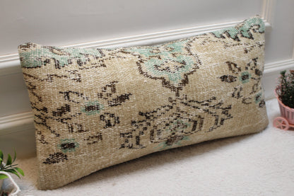 Handmade Organic Wool Lumbar Pillow Cover: Turkish Rug Design (12X24 inc.)