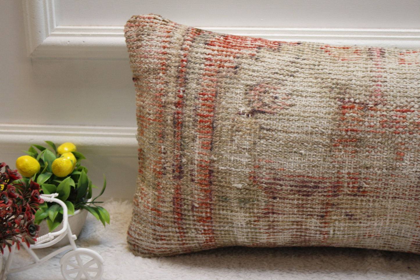Handmade Turkish Rug Lumbar Pillow Cover: Red Beige Wool (12x24 in)