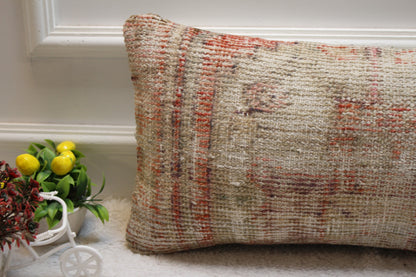 Handmade Turkish Rug Lumbar Pillow Cover: Red Beige Wool (12x24 in)