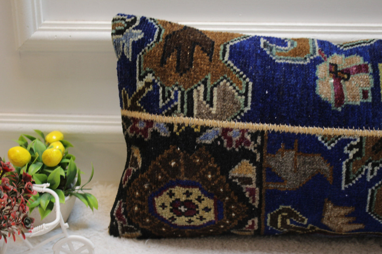 Vintage Turkish Rug Lumbar Pillow Cover: Blue Brown Wool, 12x24 inch