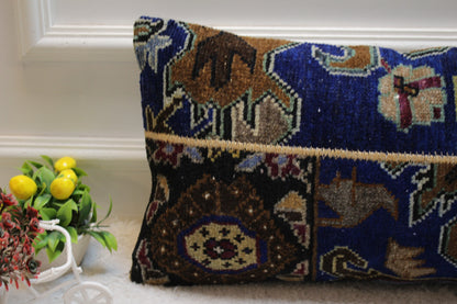 Vintage Turkish Rug Lumbar Pillow Cover: Blue Brown Wool, 12x24 inch