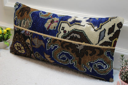 Vintage Turkish Rug Lumbar Pillow Cover: Blue Brown Wool, 12x24 inch