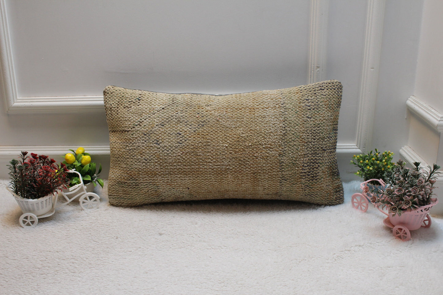 Beige Vintage Turkish Rug Pillow Cover: 12x24 Wool Lumbar Pillow