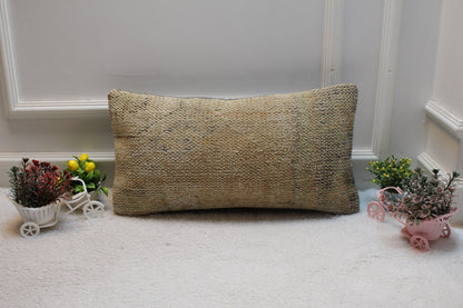 Beige Vintage Turkish Rug Pillow Cover: 12x24 Wool Lumbar Pillow