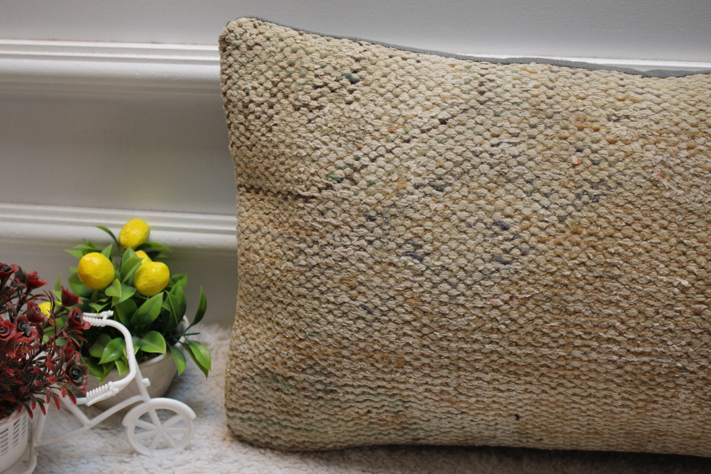 Beige Vintage Turkish Rug Pillow Cover: 12x24 Wool Lumbar Pillow