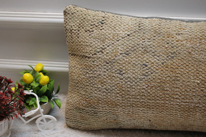 Beige Vintage Turkish Rug Pillow Cover: 12x24 Wool Lumbar Pillow