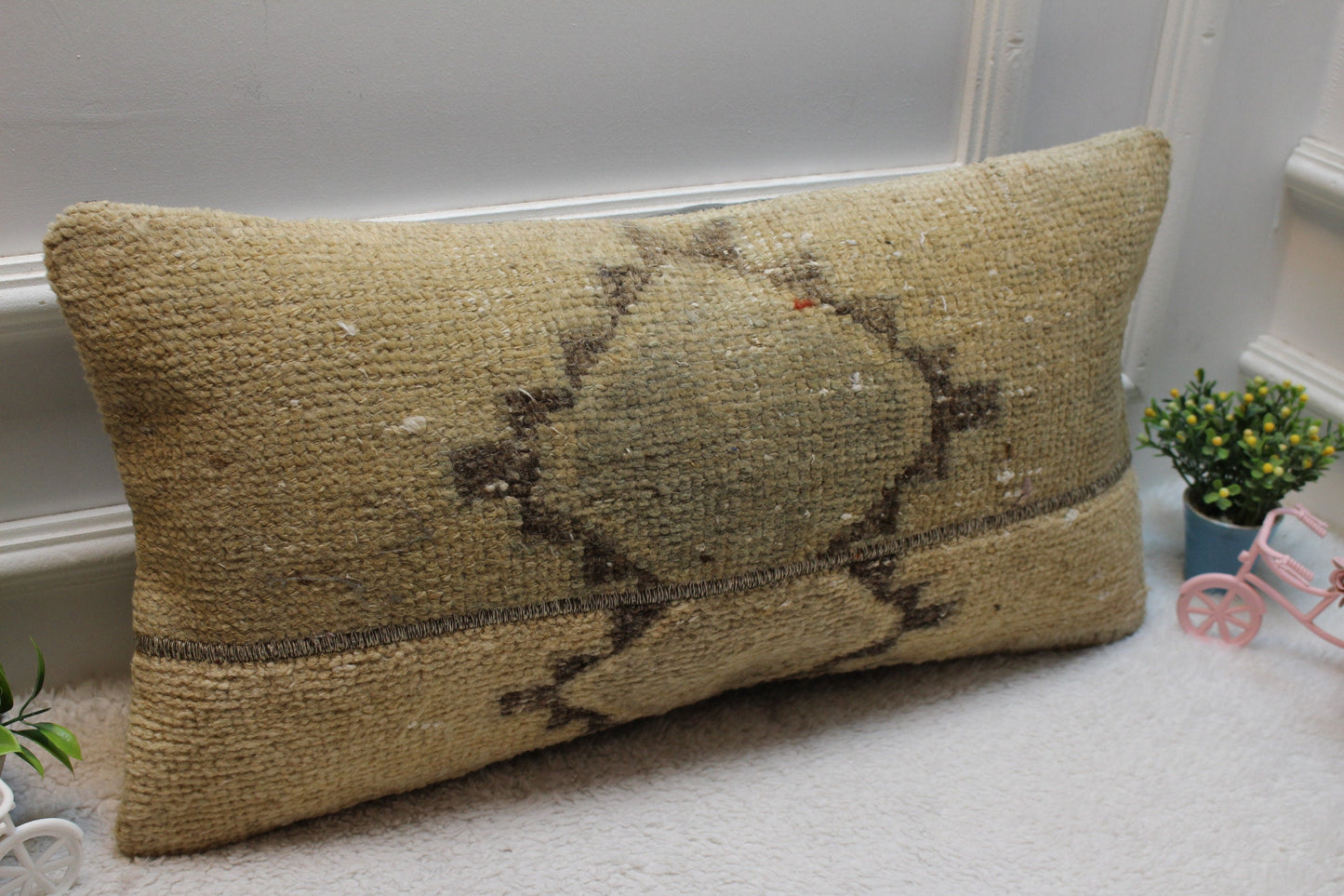Handmade Geometric Kilim Lumbar Pillow Cover: Organic Wool, 12x24 inc