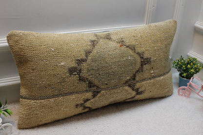 Handmade Geometric Kilim Lumbar Pillow Cover: Organic Wool, 12x24 inc