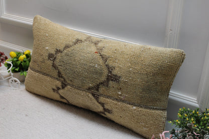 Handmade Geometric Kilim Lumbar Pillow Cover: Organic Wool, 12x24 inc