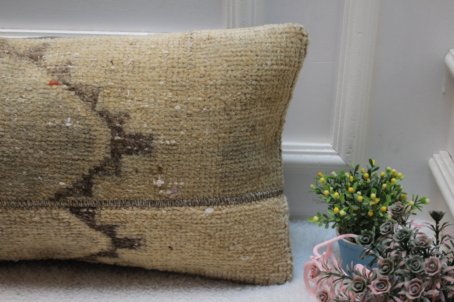 Handmade Geometric Kilim Lumbar Pillow Cover: Organic Wool, 12x24 inc