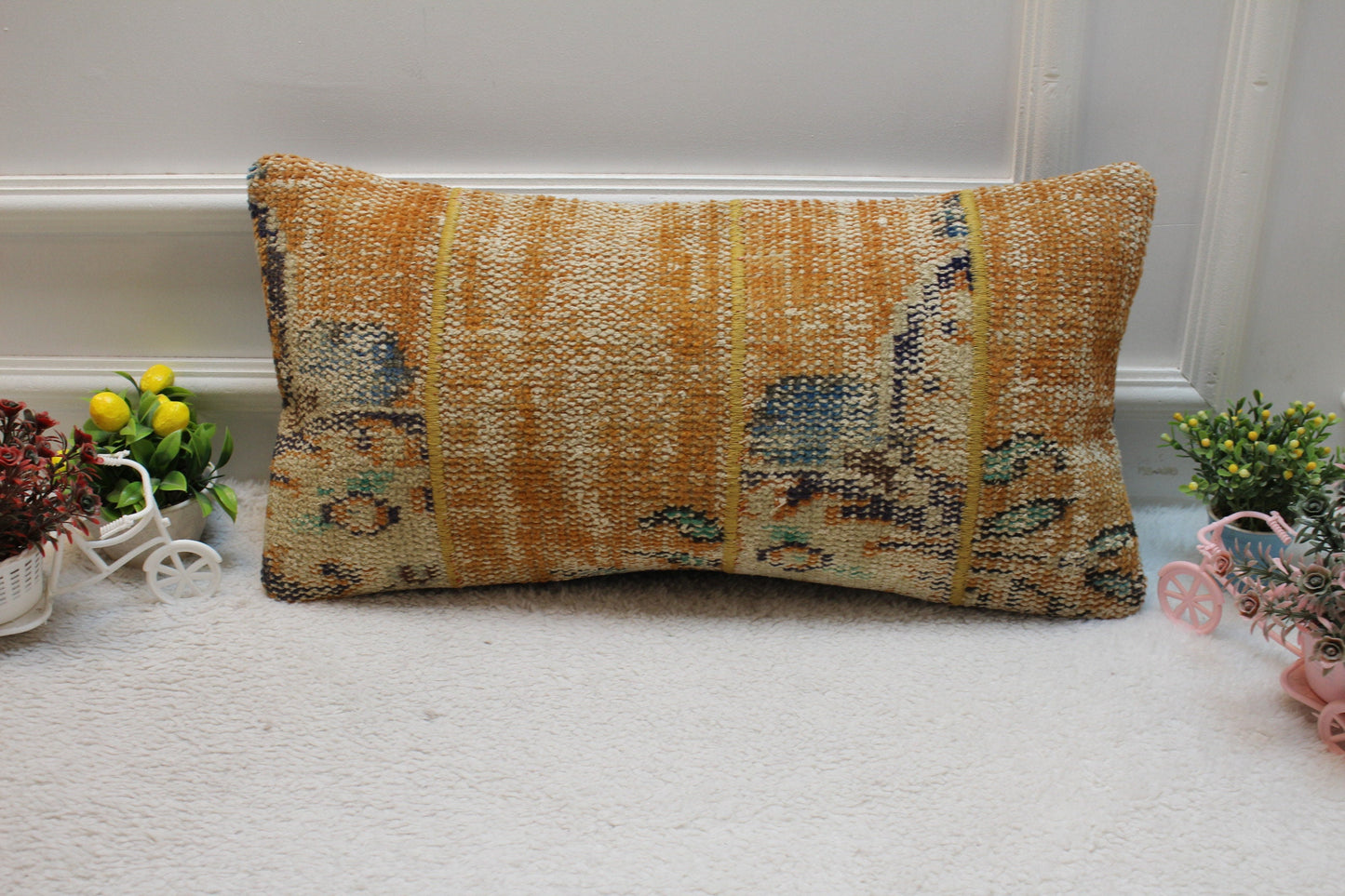 Handmade Orange Turkish Rug Lumbar Pillow Cover: Upcycled Kilim 12x24 inc
