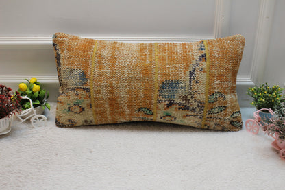 Handmade Orange Turkish Rug Lumbar Pillow Cover: Upcycled Kilim 12x24 inc
