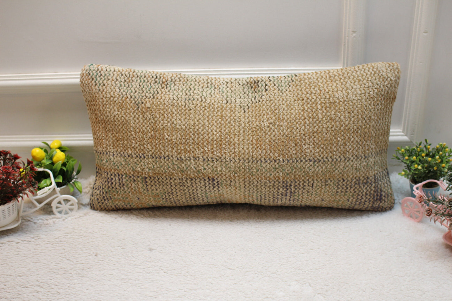 Beige Vintage Turkish Rug Lumbar Pillow Cover: Handmade Wool 12x24 inc