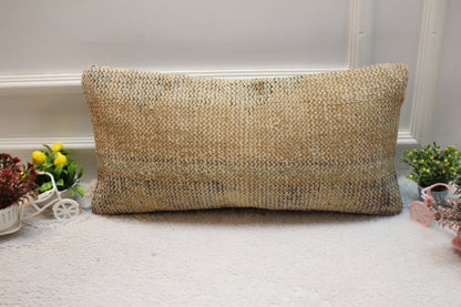 Beige Vintage Turkish Rug Lumbar Pillow Cover: Handmade Wool 12x24 inc