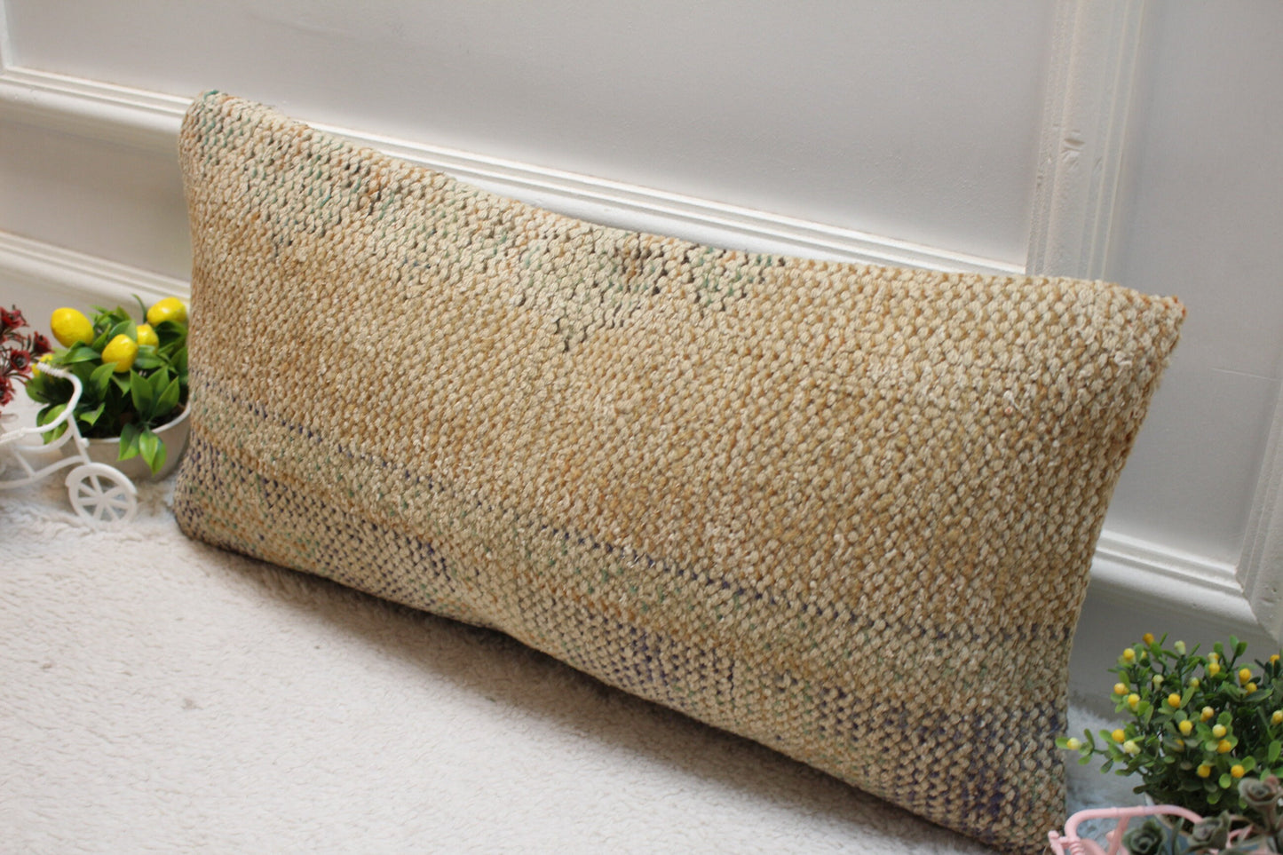 Beige Vintage Turkish Rug Lumbar Pillow Cover: Handmade Wool 12x24 inc