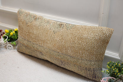 Beige Vintage Turkish Rug Lumbar Pillow Cover: Handmade Wool 12x24 inc