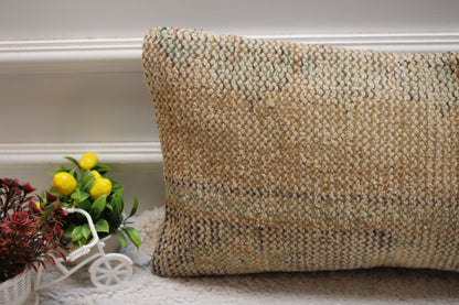 Beige Vintage Turkish Rug Lumbar Pillow Cover: Handmade Wool 12x24 inc