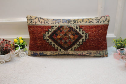 Red Turkish Rug Pillow Cover: Vintage Wool Lumbar Pillow (12x24 inc)