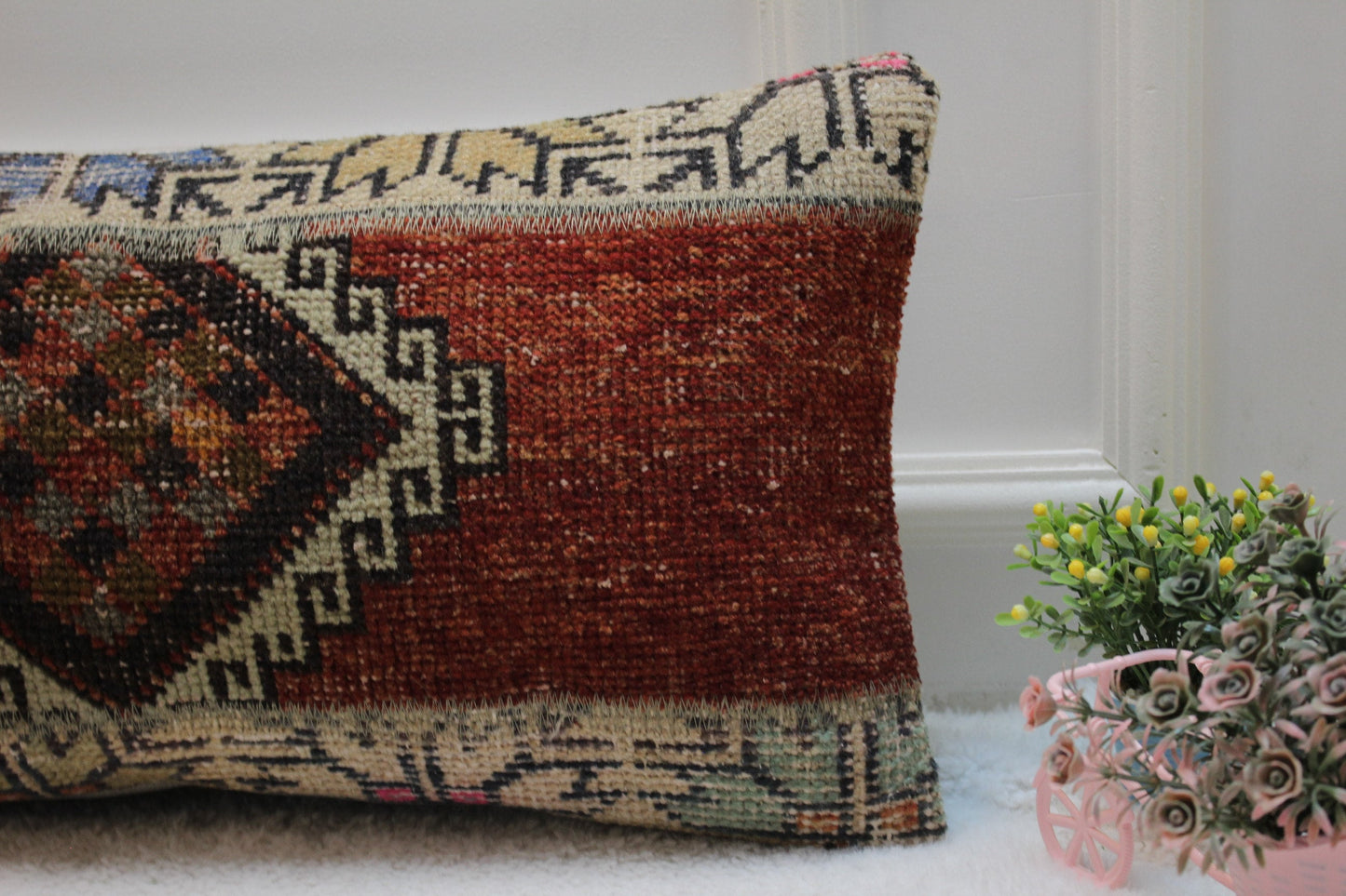 Red Turkish Rug Pillow Cover: Vintage Wool Lumbar Pillow (12x24 inc)