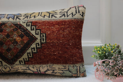 Red Turkish Rug Pillow Cover: Vintage Wool Lumbar Pillow (12x24 inc)