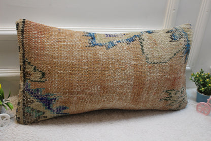 Handmade Turkish Rug Lumbar Pillow Cover: Organic Wool Kilim Pillow (12x24 in)