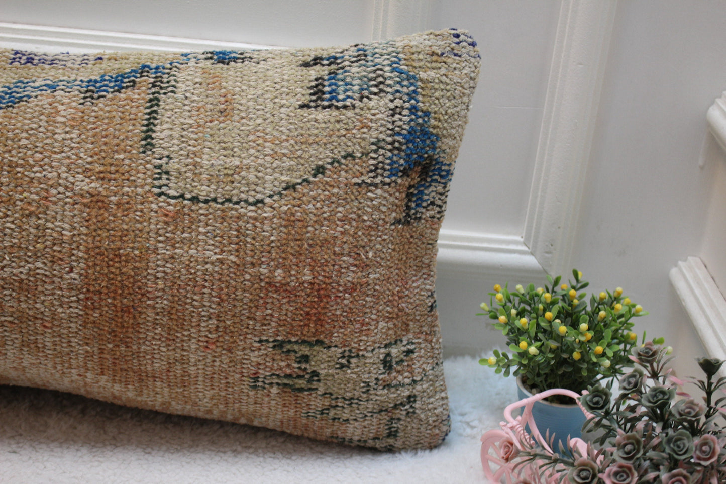 Handmade Turkish Rug Lumbar Pillow Cover: Organic Wool Kilim Pillow (12x24 in)