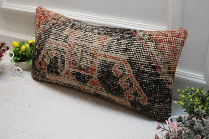 Handmade Black and Red Turkish Rug Lumbar Pillow Cover (12x24 in)