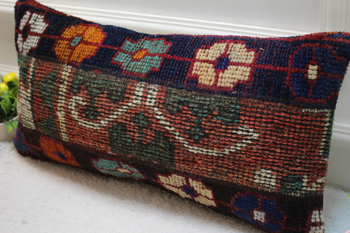 Floral Turkish Rug Pillow: Handmade Organic Wool Lumbar Cover (12x24 inc)