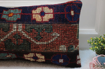Floral Turkish Rug Pillow: Handmade Organic Wool Lumbar Cover (12x24 inc)