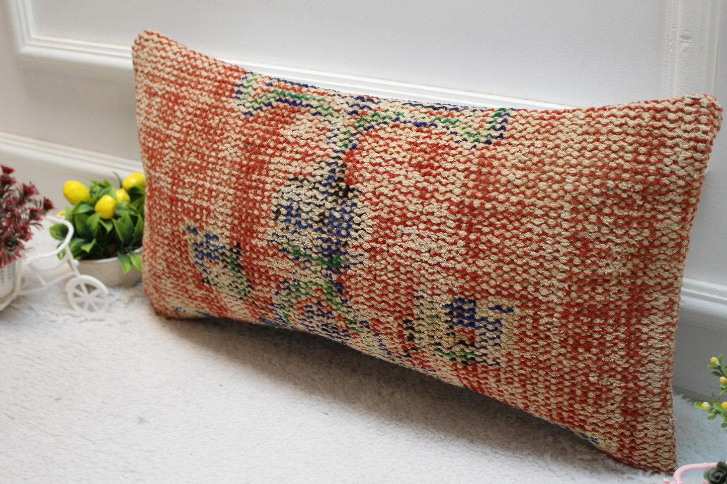 Red Vintage Turkish Rug Lumbar Pillow Cover: 12x24 inc Handmade Kilim Pillow